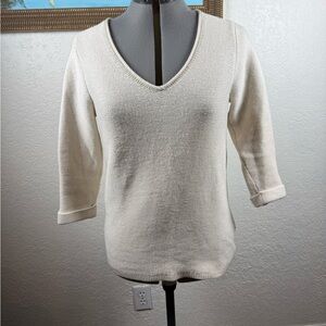 Boden Cream V-Neck Sweater Women’s Size 8 Comfy 3/4 Sleeve 57% Wool/43% Cotton
